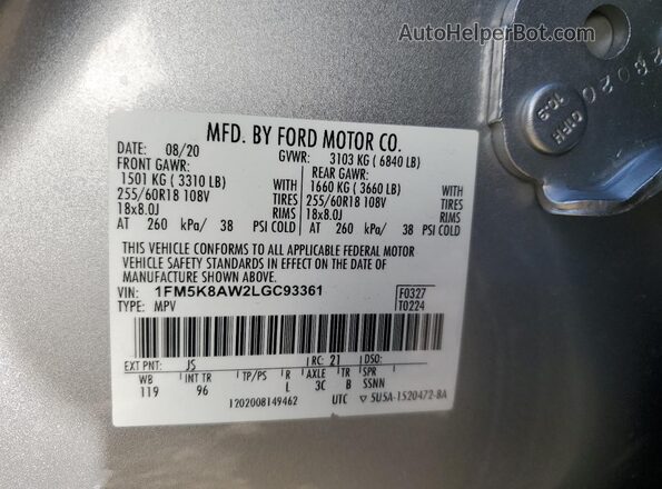 1FM5K8AW2LGC93361 2020 FORD FORD EXPLORER Silver Widok wnętrza 360 stopni