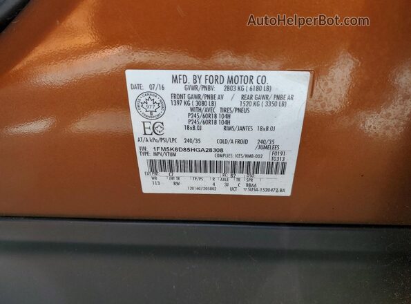 1FM5K8D85HGA28308 2017 FORD FORD EXPLORER Orange VIN კოდის სტიკერის ხედი