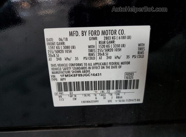 1FM5K8F89JGC16431 2018 FORD FORD EXPLORER Charcoal Вид наклейки з VIN-кодом