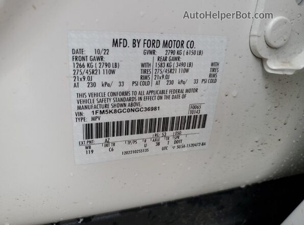 1FM5K8GC0NGC36981 2022 FORD FORD EXPLORER White Widok naklejki z numerem VIN