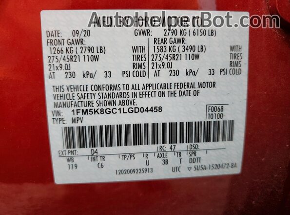 1FM5K8GC1LGD04458 2020 FORD FORD EXPLORER Red 360 interior view