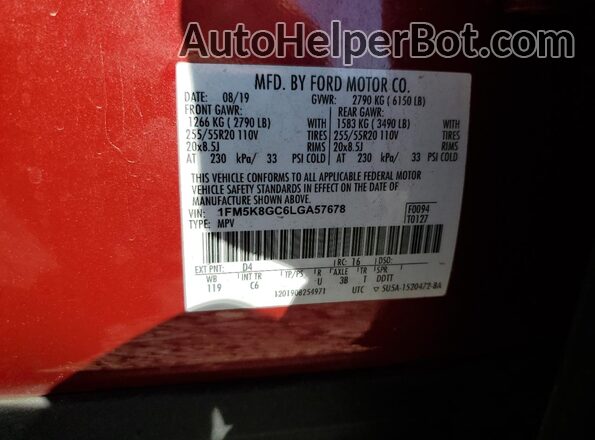 1FM5K8GC6LGA57678 2020 FORD FORD EXPLORER Red Vista de la etiqueta del VIN