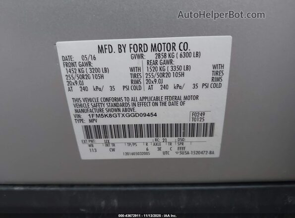 1FM5K8GTXGGD09454 2016 FORD FORD EXPLORER Silver 