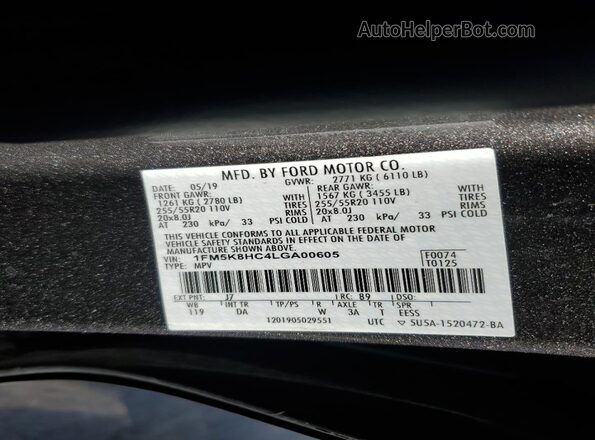 1FM5K8HC4LGA00605 2020 FORD FORD EXPLORER Gray Вид наклейки з VIN-кодом