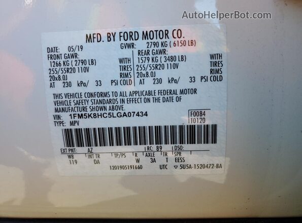 1FM5K8HC5LGA07434 2020 FORD FORD EXPLORER White VIN sticker view