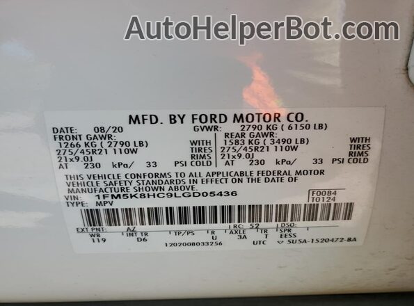 1FM5K8HC9LGD05436 2020 FORD FORD EXPLORER Белый Вид наклейки с VIN-кодом