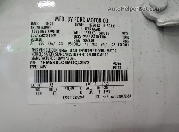 1FM5K8LC6MGC43972 2021 FORD FORD EXPLORER White Widok naklejki z numerem VIN