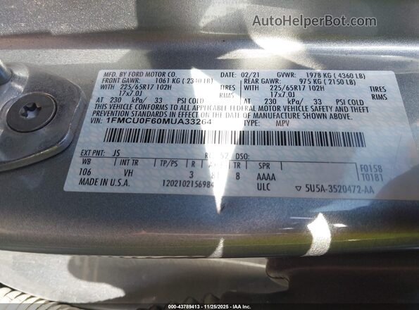 1FMCU0F60MUA33264 2021 FORD ESCAPE Silver ძრავის განყოფილების ხედი