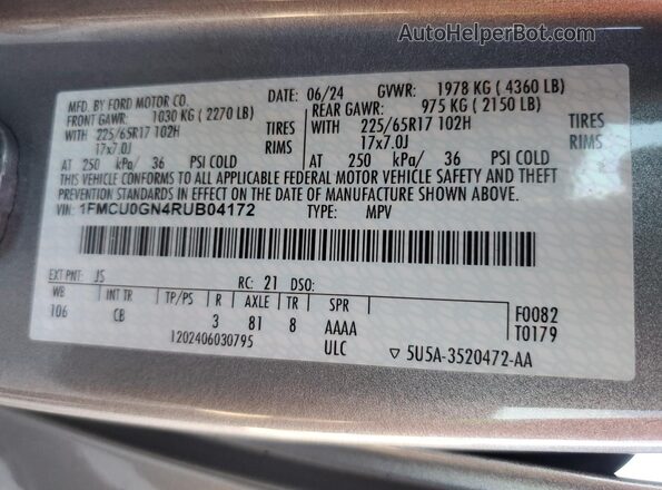 1FMCU0GN4RUB04172 2024 FORD ESCAPE Silver Вид наклейки з VIN-кодом