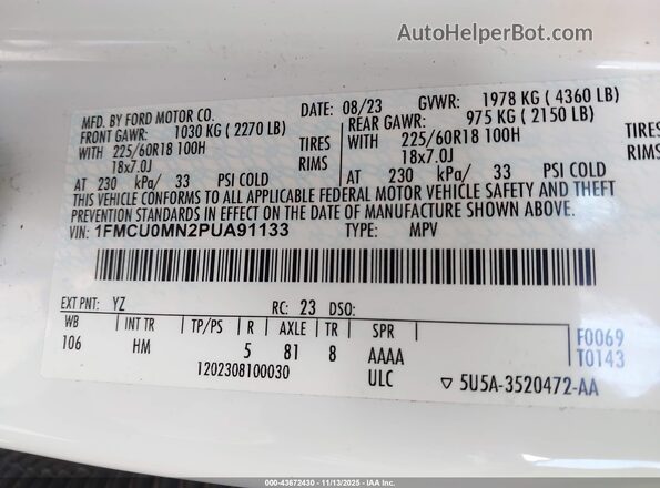 1FMCU0MN2PUA91133 2023 FORD ESCAPE White Widok komory silnika