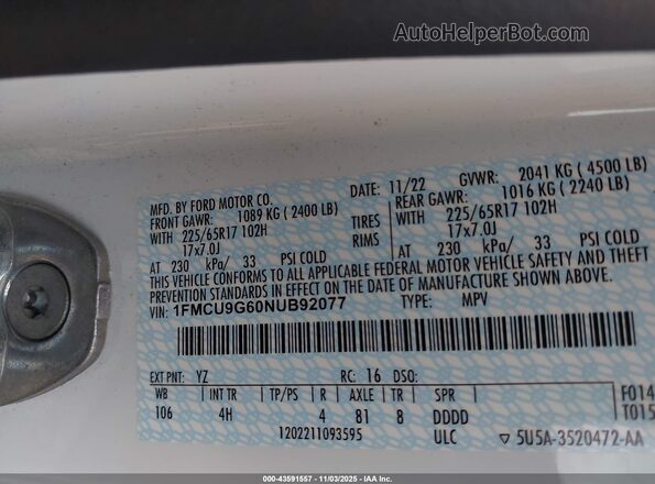 1FMCU9G60NUB92077 2022 FORD ESCAPE White Vista del compartimento del motor
