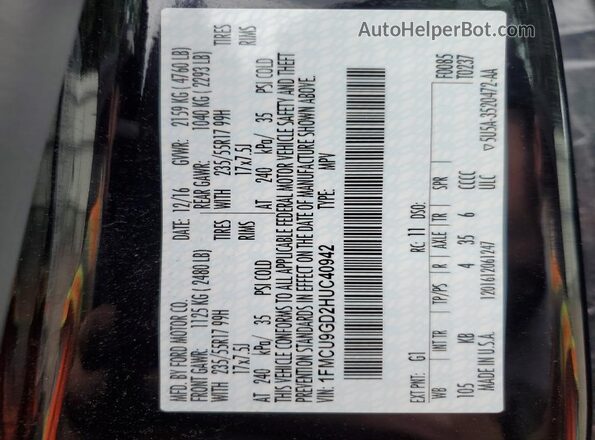 1FMCU9GD2HUC40942 2017 FORD ESCAPE Black Widok naklejki z numerem VIN