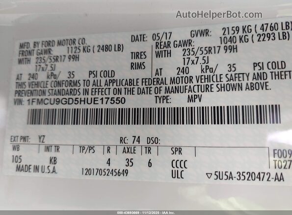 1FMCU9GD5HUE17550 2017 FORD ESCAPE White Շարժիչի բաժամունքի տեսք