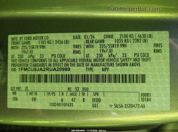 1FMCU9JA2RUA20989 2024 FORD ESCAPE Gray ძრავის განყოფილების ხედი