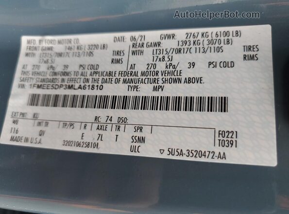 1FMEE5DP3MLA61810 2021 FORD BRONCO Blue VIN კოდის სტიკერის ხედი