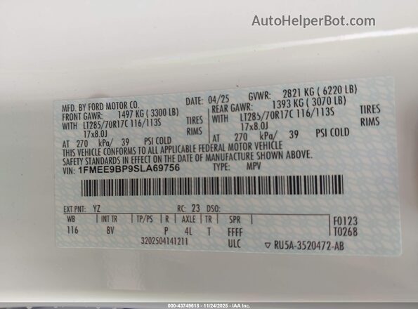1FMEE9BP9SLA69756 2025 FORD BRONCO White Vista del compartimento del motor