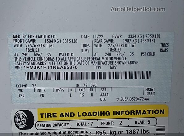 1FMJK1HT1NEA65870 2022 FORD EXPEDITION MAX White 