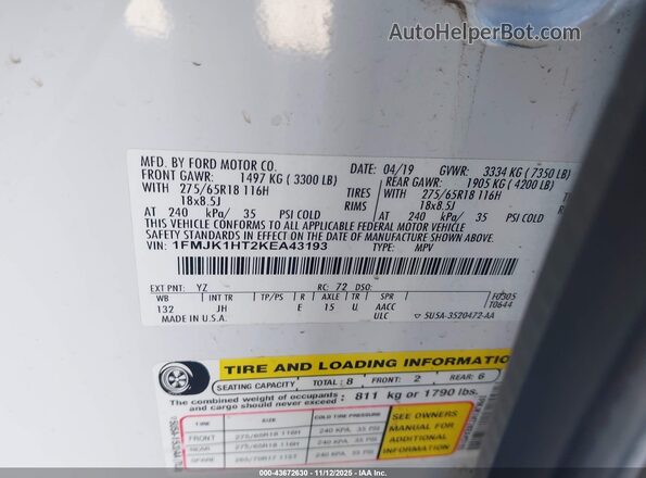 1FMJK1HT2KEA43193 2019 FORD EXPEDITION MAX Белый Вид подкапотного пространства
