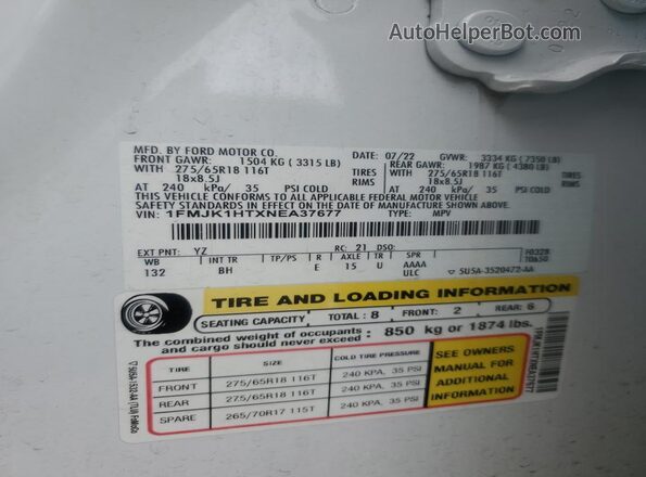 1FMJK1HTXNEA37677 2022 FORD EXPEDITION White Widok naklejki z numerem VIN