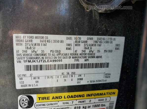 1FMJK1JT2LEA99095 2020 FORD EXPEDITION Charcoal VIN კოდის სტიკერის ხედი