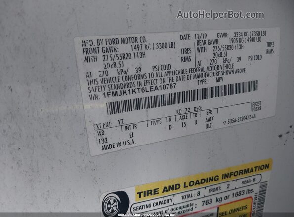 1FMJK1KT6LEA10787 2020 FORD EXPEDITION White ძრავის განყოფილების ხედი