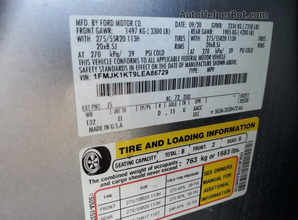 1FMJK1KT9LEA86729 2020 FORD EXPEDITION Silver VIN კოდის სტიკერის ხედი
