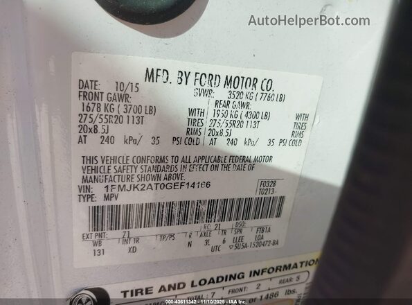 1FMJK2AT0GEF14166 2016 FORD EXPEDITION EL White Вид підкапотного простору