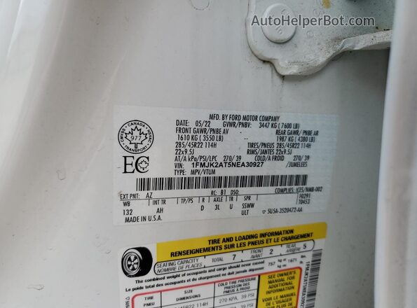 1FMJK2AT5NEA30927 2022 FORD EXPEDITION White Vista de la etiqueta del VIN