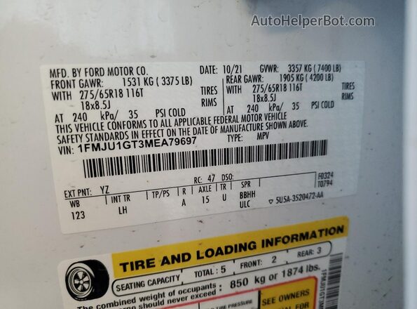 1FMJU1GT3MEA79697 2021 FORD EXPEDITION White VIN კოდის სტიკერის ხედი