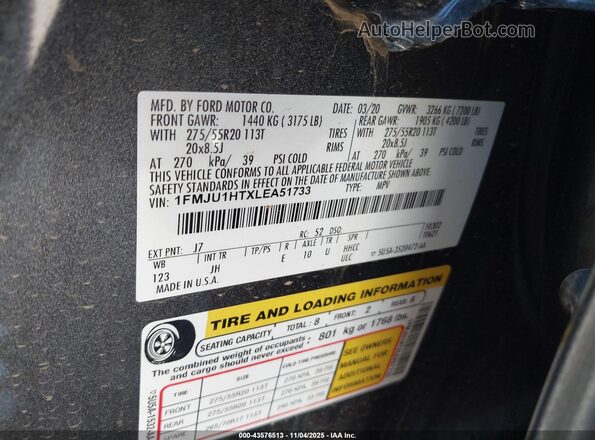 1FMJU1HTXLEA51733 2020 FORD EXPEDITION Black Engine compartment view