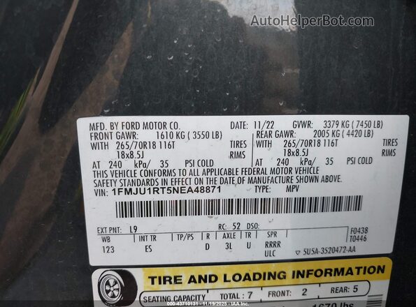 1FMJU1RT5NEA48871 2022 FORD EXPEDITION Зеленый Вид подкапотного пространства