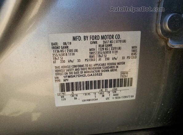 1FMSK7DH2LGA33522 2020 FORD FORD EXPLORER Silver Панорамний вид салону 360°