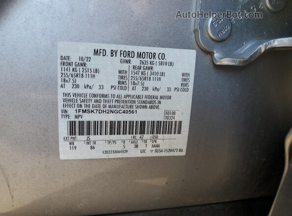 1FMSK7DH2NGC40561 2022 FORD FORD EXPLORER Gray VIN sticker view