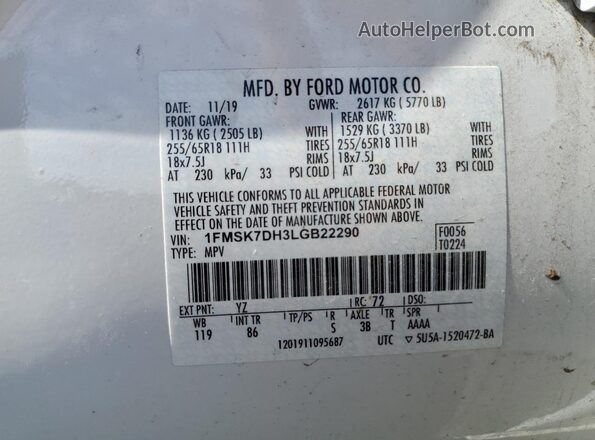 1FMSK7DH3LGB22290 2020 FORD FORD EXPLORER White VIN კოდის სტიკერის ხედი