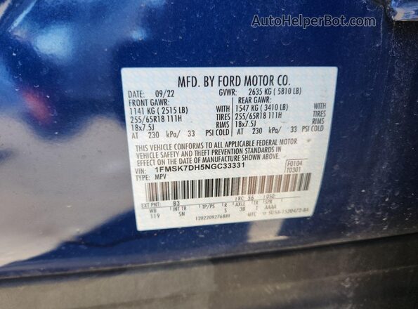 1FMSK7DH5NGC33331 2022 FORD FORD EXPLORER Blue Vista de la etiqueta del VIN