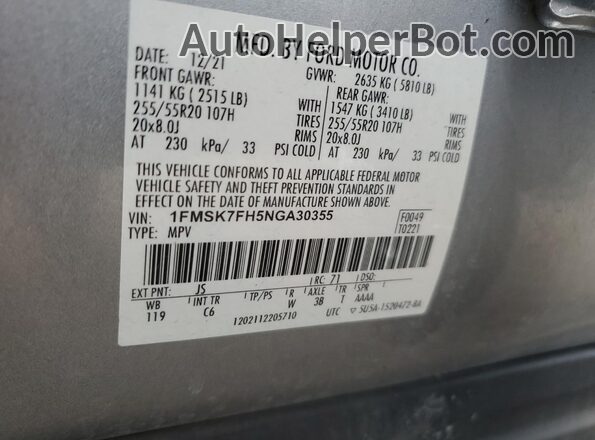 1FMSK7FH5NGA30355 2022 FORD FORD EXPLORER Silver Vista de la etiqueta del VIN