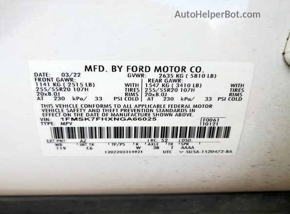 1FMSK7FHXNGA66025 2022 FORD FORD EXPLORER White Вид наклейки з VIN-кодом