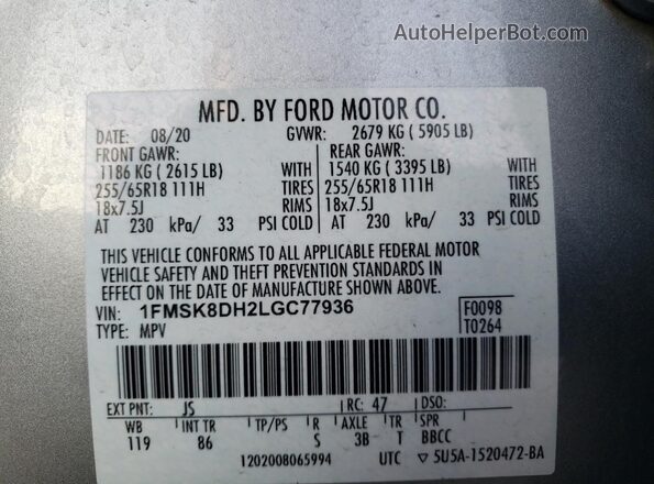 1FMSK8DH2LGC77936 2020 FORD FORD EXPLORER Silver VIN կոդի պիտակի տեսք