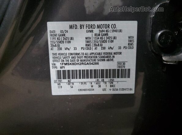 1FMSK8DH2RGA54286 2024 FORD FORD EXPLORER Gray VIN կոդի պիտակի տեսք