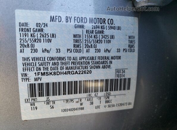 1FMSK8DH4RGA22620 2024 FORD FORD EXPLORER Gray VIN կոդի պիտակի տեսք