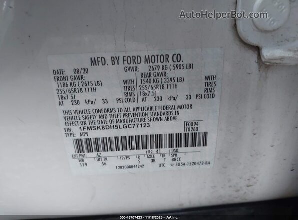 1FMSK8DH5LGC77123 2020 FORD FORD EXPLORER White Engine compartment view