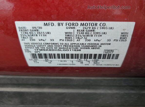 1FMSK8DH5LGD11898 2020 FORD FORD EXPLORER Red VIN კოდის სტიკერის ხედი