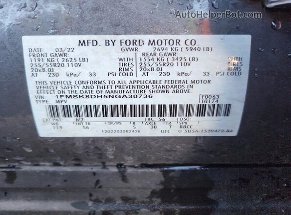 1FMSK8DH5NGA30736 2022 FORD FORD EXPLORER Gray Widok wnętrza 360 stopni