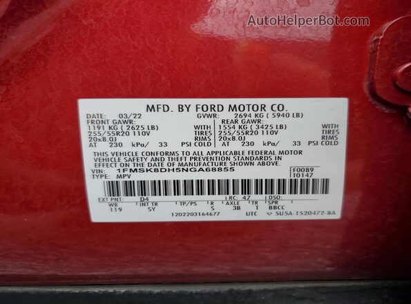 1FMSK8DH5NGA68855 2022 FORD FORD EXPLORER Red Widok wnętrza 360 stopni