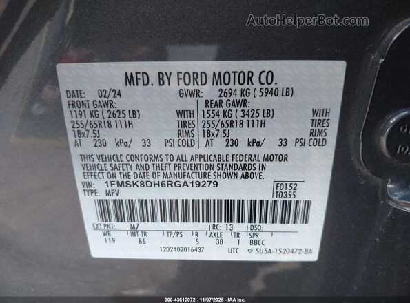 1FMSK8DH6RGA19279 2024 FORD FORD EXPLORER Gray Vista del compartimento del motor