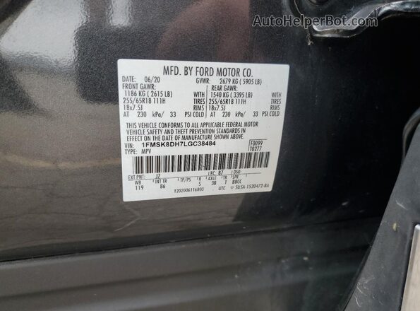 1FMSK8DH7LGC38484 2020 FORD FORD EXPLORER Gray VIN sticker view