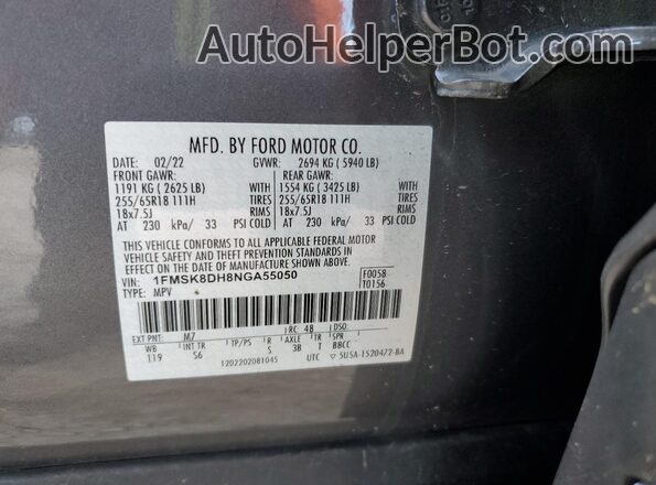 1FMSK8DH8NGA55050 2022 FORD FORD EXPLORER Gray Вид наклейки з VIN-кодом