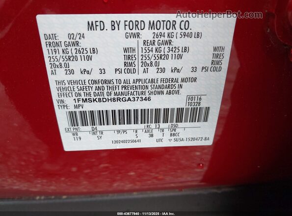 1FMSK8DH8RGA37346 2024 FORD FORD EXPLORER Red Vista del compartimento del motor