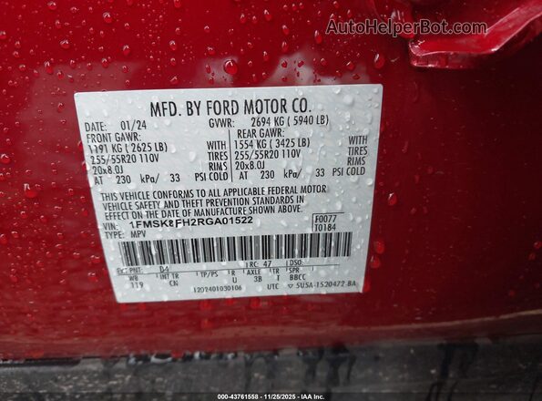 1FMSK8FH2RGA01522 2024 FORD FORD EXPLORER Red ძრავის განყოფილების ხედი