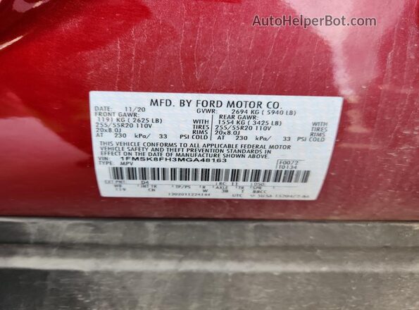 1FMSK8FH3MGA48163 2021 FORD FORD EXPLORER Красный Вид наклейки с VIN-кодом